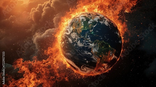 a burning Earth symbolizing environmental impact, crisis and awareness campaigns