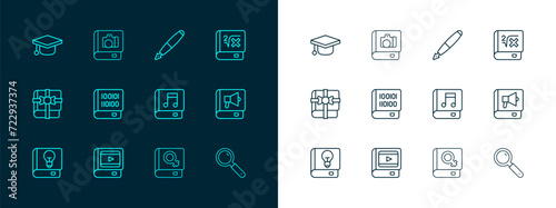 Set line Book with mathematics, about cinema, Audio book, women, Books programming, Fountain pen nib, Graduation cap and Photo album gallery icon. Vector