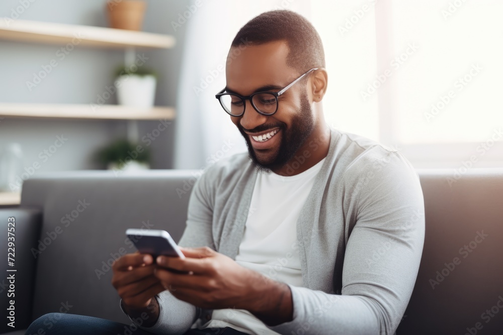 Smiling African american man using smart phone at home. Concept of young people work mobile devices. Smiling African american man using smart phone at home. Concept of young people work mobile devices.