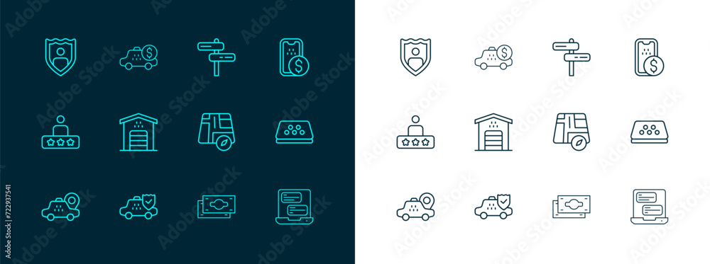 Set line Mobile banking, Taxi car insurance, Location taxi, Stacks paper money cash, Garage for, Road traffic sign, Life with shield and Taximeter device icon. Vector Set line Mobile banking, Taxi car insurance, Location taxi, Stacks paper money cash, Garage for, Road traffic sign, Life with shield and Taximeter device icon. Vector