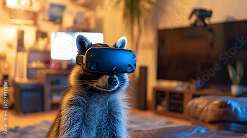 Cinematic photograph of Raccoon wearing a vr headset.