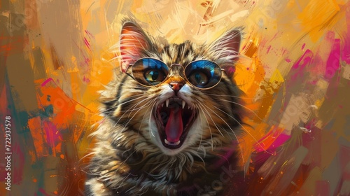 A cat wearing sunglasses with its mouth wide open and painted in bright colors