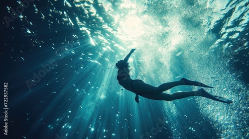 a woman free diving towards light in an underwater setting, freedom, exploration, and connection with nature, adventure