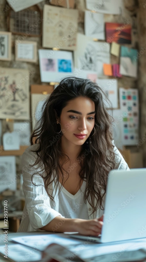 Young middle eastern woman using laptop computer in home office