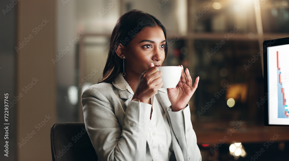 Drinking coffee, night work and business woman working at office with computer data for job. Female professional, tea and online research for deadline and lawyer report with hot drink and email - obrazy, fototapety, plakaty 