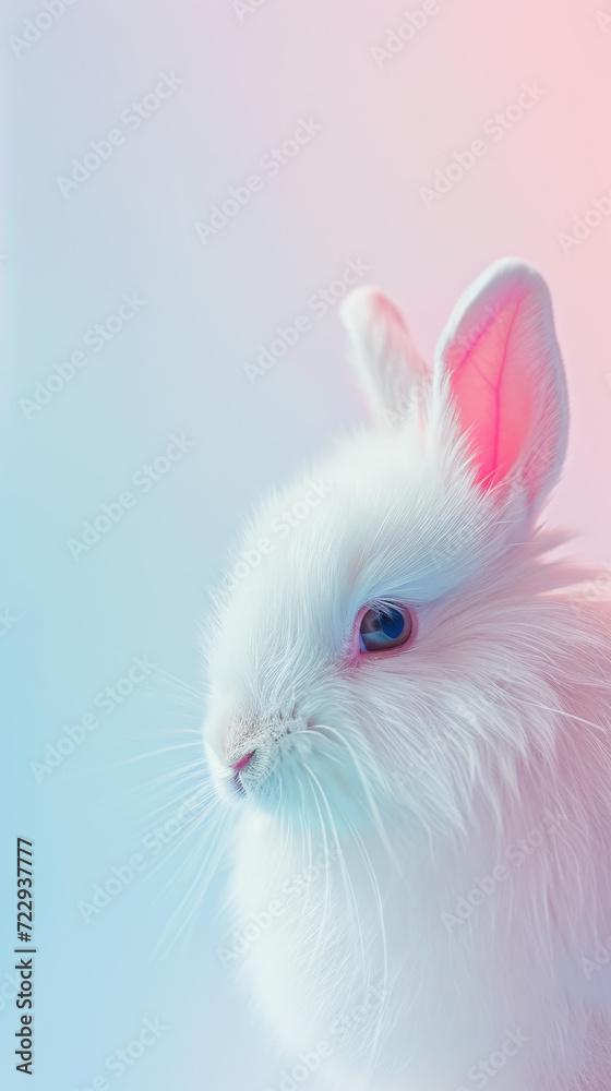 White fluffy bunny peeking from edge. Pastel pink and blue background. Copy space. Greeting card concept. Generative AI White fluffy bunny peeking from edge. Pastel pink and blue background. Copy space. Greeting card concept. Generative AI