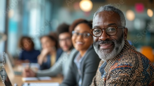 Smiling African American businessman in eyeglasses with colleagues in the background