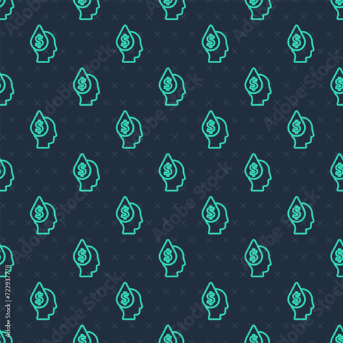 Green line Oil drop with dollar symbol icon isolated seamless pattern on blue background. Oil price. Oil and petroleum industry. Vector