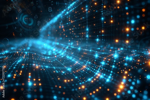 Blue and orange glowing grid structure in futuristic cyberspace