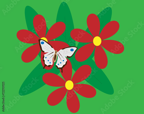 beautiful butterfly on red flowers on a green background