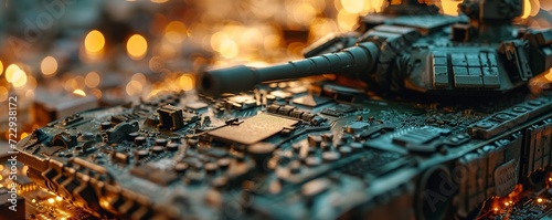 closeup on a military tank on a powerful computer board for AI taking control over war concept or race on manufacturing micro chips as wide banner design with copy space area - Generative AI