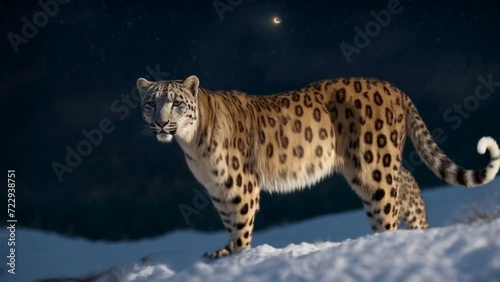 Snow Leopard Standing on Snow Covered Hill. Generative AI.