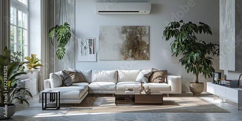 generic air conditioner purifier or AC controller split unit mockup with modern bright Livingroom background - Generative AI photo