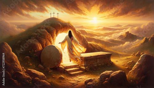 Oil painting illustration of the resurrection of Jesus Christ seen from behind with empty tomb. Sunrise and sky with sun and clouds