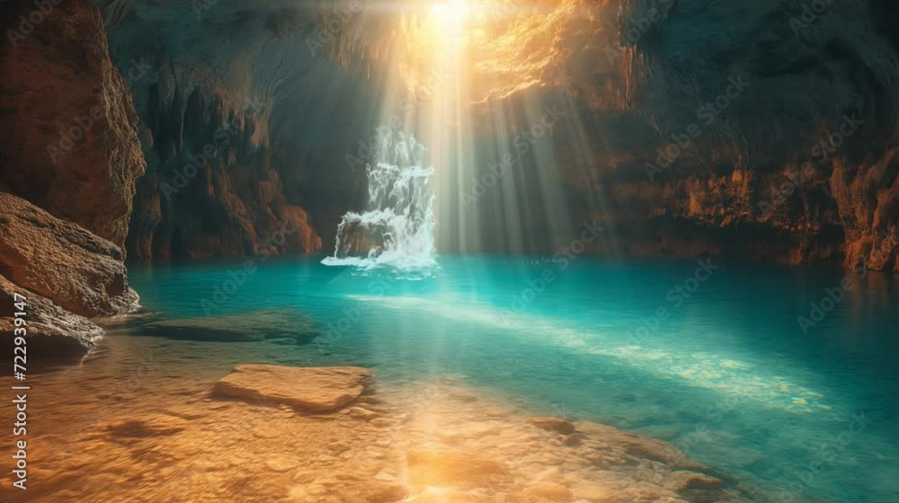 a tropical waterfall in the cave, which creates a lake of green water, looping view