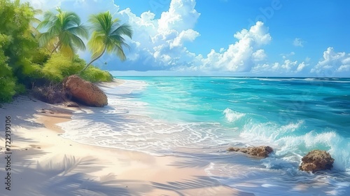 Beautiful sunny tropical beach with palm trees and turquoise ocean