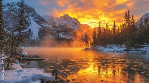 The setting sun casts a golden glow on a frozen lake and snow-capped mountains in Banff National Park  Canada