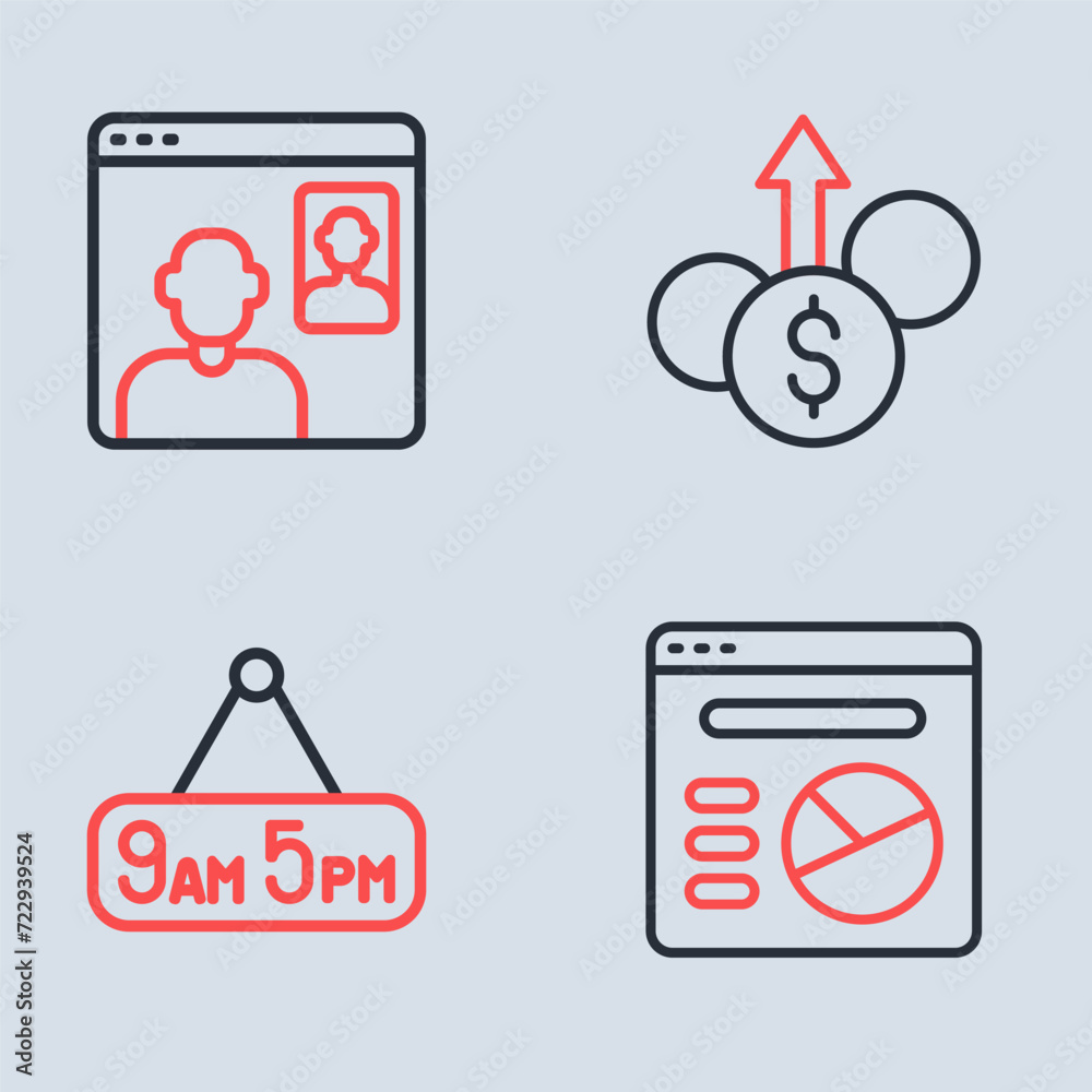 Set line Financial growth dollar, From 9 to 5 job, Pie chart infographic and Video chat conference icon. Vector Set line Financial growth dollar, From 9 to 5 job, Pie chart infographic and Video chat conference icon. Vector