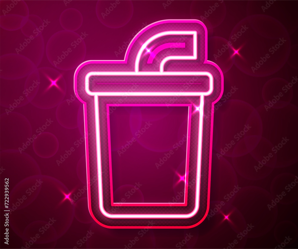 Glowing neon line Paper glass with drinking straw and water icon isolated on red background. Soda drink glass. Fresh cold beverage symbol. Vector