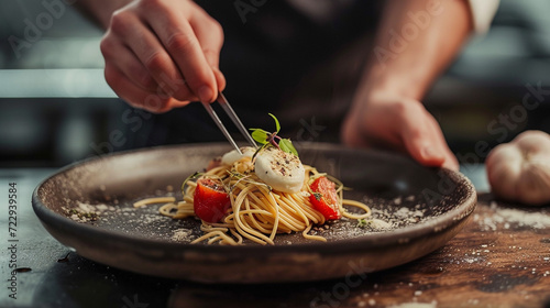 100 grams of spaghetti, intertwined with mozzarella and spices. Illustration of the menu, Italian cuisine. Beautiful presentation. Culinary art. Homemade food.