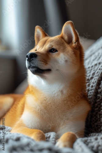 A cute Shiba Inu dog is sitting on a couch looking up