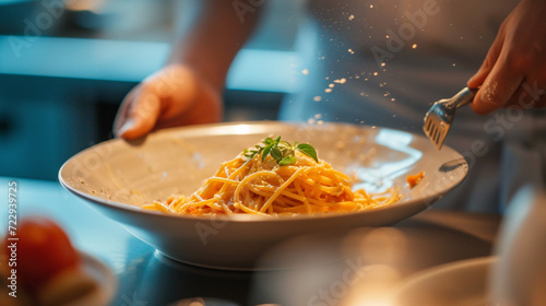 100 grams of spaghetti, intertwined with mozzarella and spices. Illustration of the menu, Italian cuisine. Beautiful presentation. Culinary art. Homemade food. photo