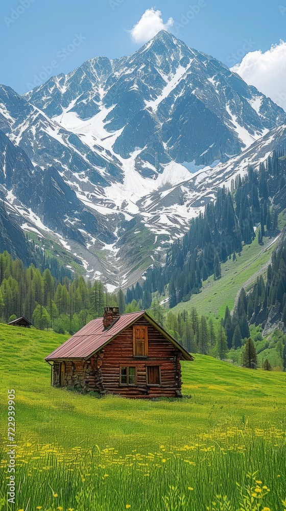 Small wooden house in a valley surrounded by snow-capped mountains
