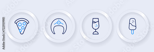Set line Ice cream, Wine glass, Fish steak and Slice of pizza icon. Vector