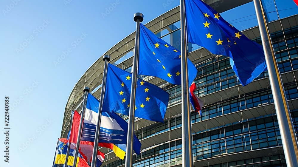 European Union flags flying outside the European Parliament building in Brussels.