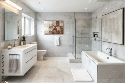 Modern bathroom with large marble tiles and a glass shower