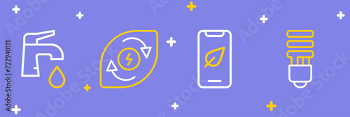 Set line LED light bulb, Mobile phone with leaf, Water energy and tap icon. Vector