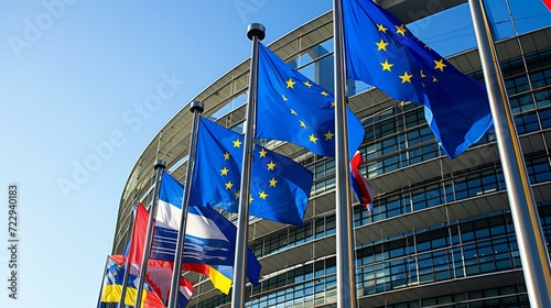 Flags of the member states of the European Union flying outside the European Parliament building in Brussels photo