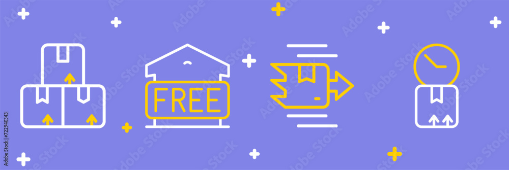 Fototapeta premium Set line Cardboard box with clock, Carton cardboard, Free storage and icon. Vector