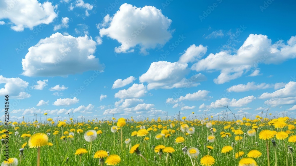 Field of yellow dandelions under blue sky with white clouds