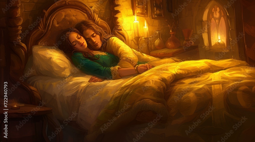 A couple is sleeping in a bed