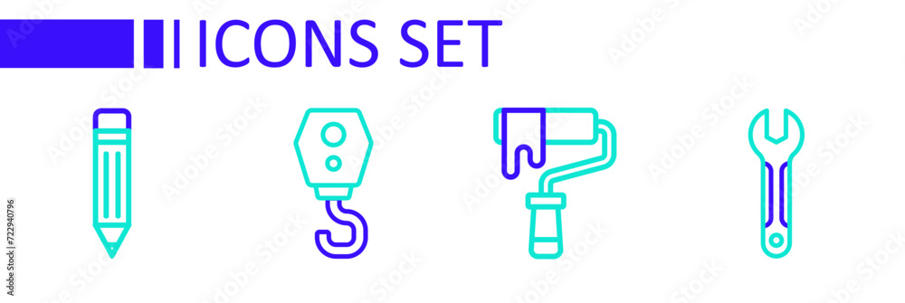 Set line Wrench spanner, Paint roller brush, Crane hook and Pencil with eraser icon. Vector Set line Wrench spanner, Paint roller brush, Crane hook and Pencil with eraser icon. Vector
