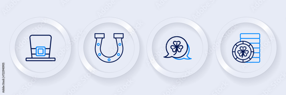 Set line Golden leprechaun coin, Clover trefoil leaf, Horseshoe and Leprechaun hat icon. Vector Set line Golden leprechaun coin, Clover trefoil leaf, Horseshoe and Leprechaun hat icon. Vector