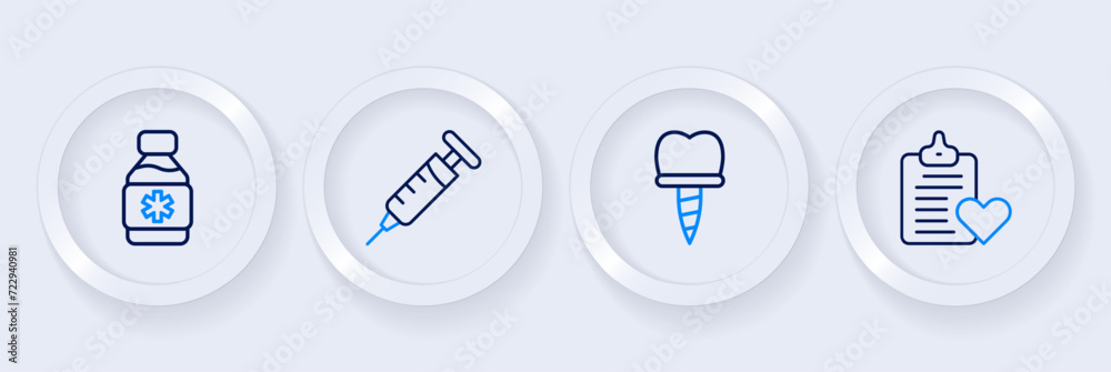 Set line Patient record, Dental implant, Syringe and Bottle of medicine syrup icon. Vector