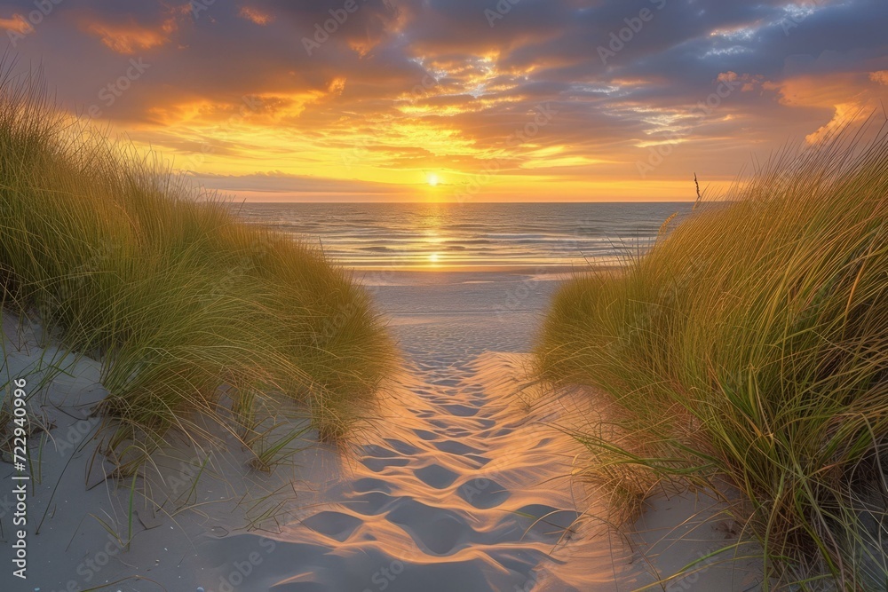 The setting sun casts long shadows over the sandy beach and grassy dunes