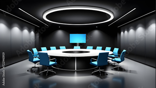 Empty company meeting room. Modern office meeting room table and chairs. on dark background