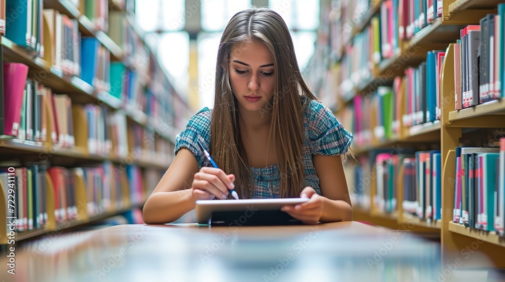 Focused young woman studying in the library Focused young woman studying in the library