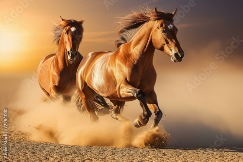 Two horses running in the desert photo