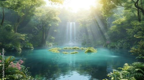 Misty rainforest waterfall in the jungle with a beautiful emerald green pool