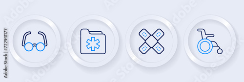 Set line Wheelchair for disabled person, Crossed bandage plaster, Medical health record folder and Glasses icon. Vector