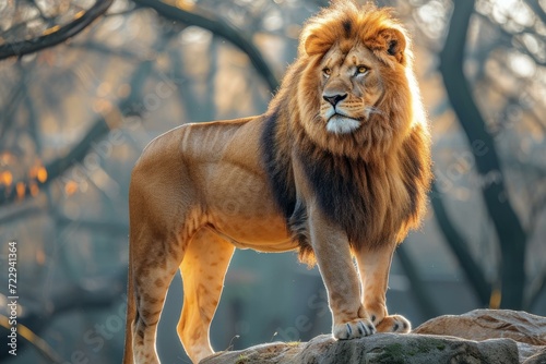 A majestic lion stands on a rock in the middle of a forest