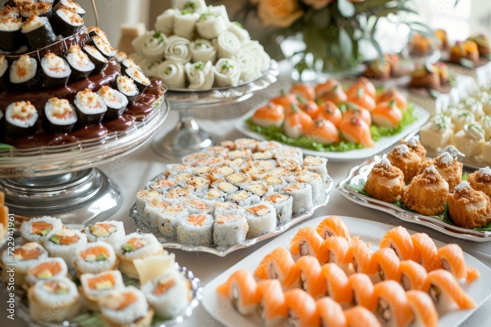 A variety of sushi and other appetizers displayed on a buffet table.