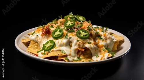 A plate of nachos with melted cheese and jalapeÃ±os, against 