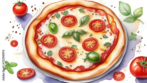 Delicious, yummy pizza with ingredients for pizza on white background, illustration 