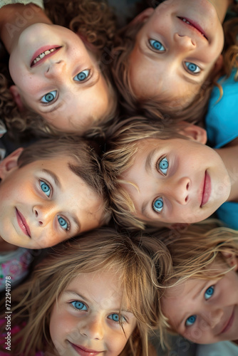 Overhead Shot of Kids Gathered, Radiating Happiness and Childlike Wonder