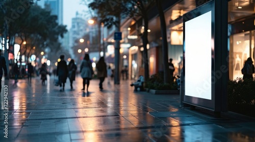 display blank clean screen or signboard mockup for offers or advertisement in public area with people walking - Generative AI photo